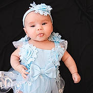 Selah joined the competition — help win amazing prizes! baby, child, dress, blue, flower, bow, headband, tongue, cute, portrait, infant, smile, person, clothing, fabric, tulle, background, black, cute_expression, happy