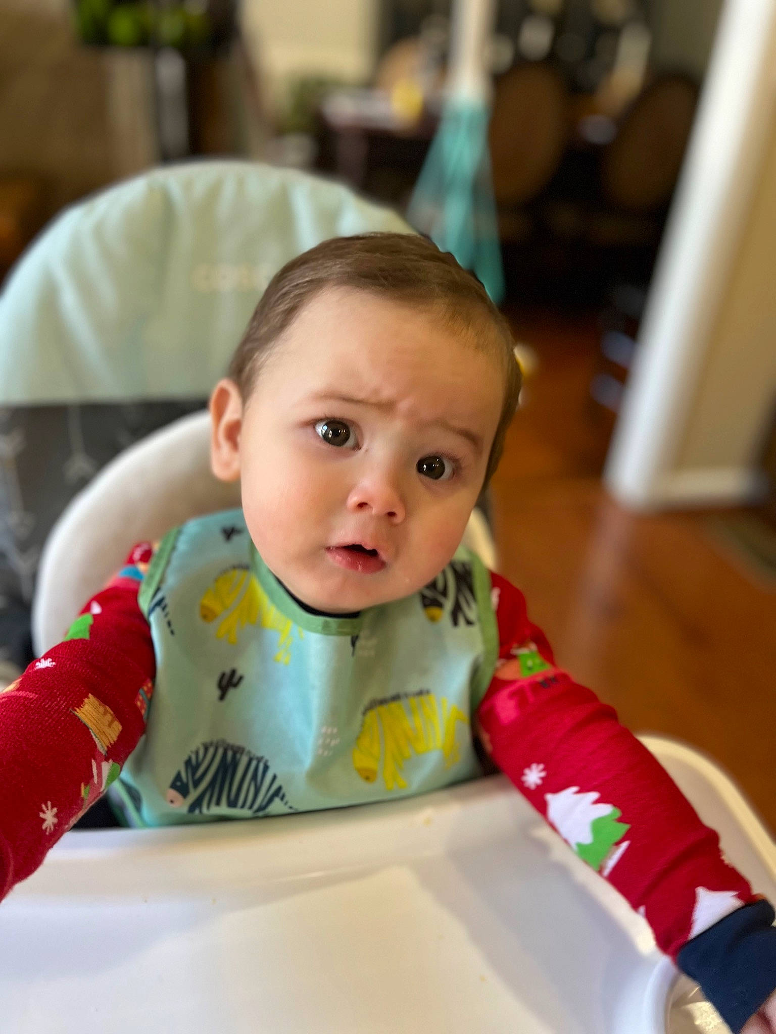 Ian joined the competition — help win amazing prizes! baby, baby_toddler_clothing, bib, carmine, chair, cheek, child, comfort_food, dishware, drinkware, flooring, fun, happy, person, plate, room, sitting, sleeve, surprise, table