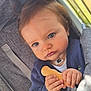 Lyse participe au concours pour gagner de l'argent avec cette photo : toddler, child, face, hand, biscuit, snack, stroller, clothing, blue_sweater, eyes, expression, portrait, baby, cute, indoor, seatbelt, light, hair, skin, person