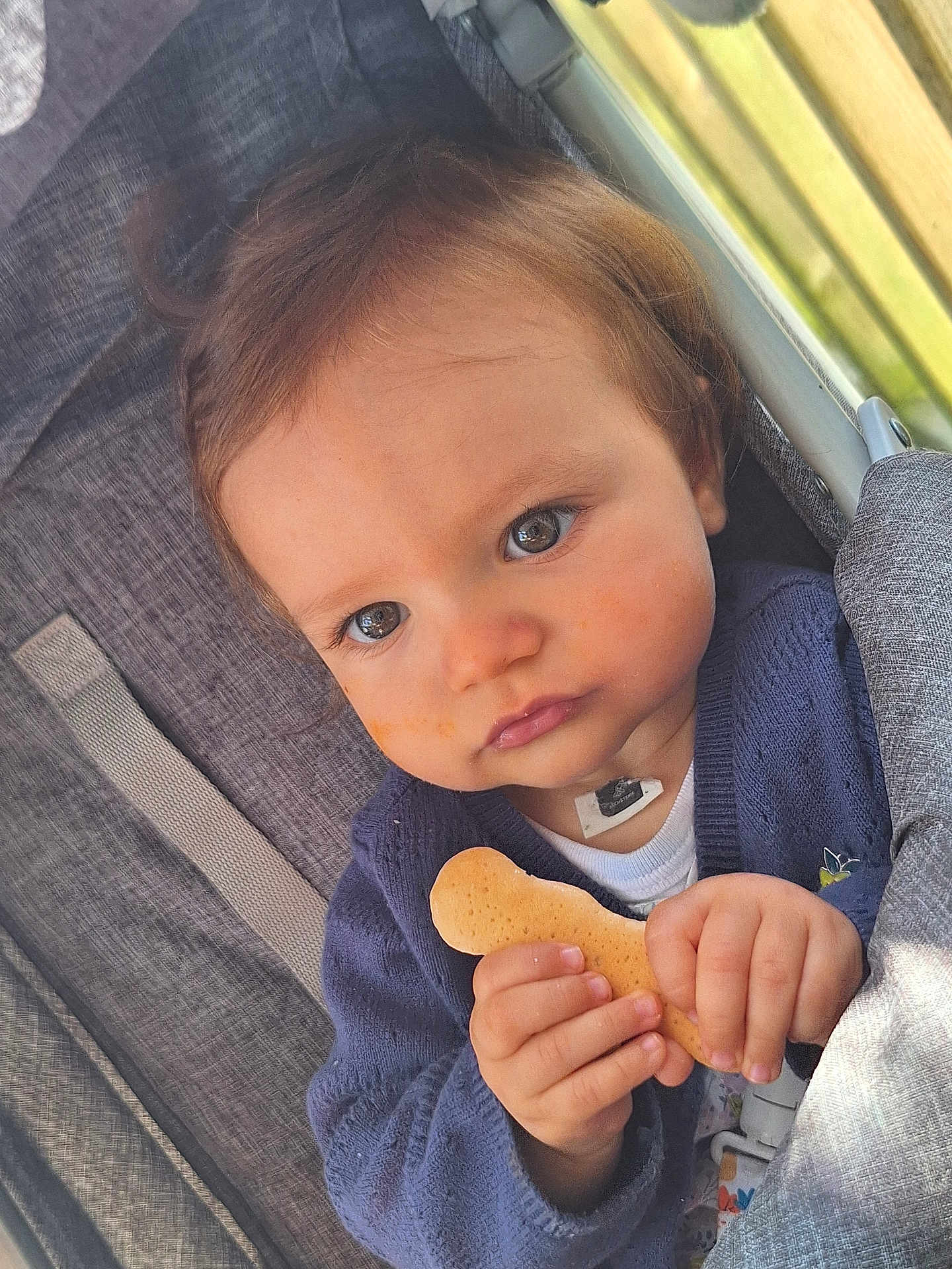 Lyse participe au concours pour gagner de l'argent avec cette photo : toddler, child, face, hand, biscuit, snack, stroller, clothing, blue_sweater, eyes, expression, portrait, baby, cute, indoor, seatbelt, light, hair, skin, person