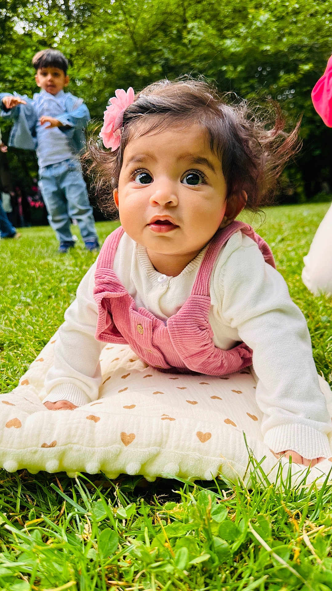 Malin a rejoint le concours — aidez-le/la à gagner de superbes lots ! baby, child, crawling, cute, daylight, flower, fun, grass, greenery, headband, nature, outdoor, park, people, pillow, pink_clothing, playing, portrait, white_sweater, young_boy