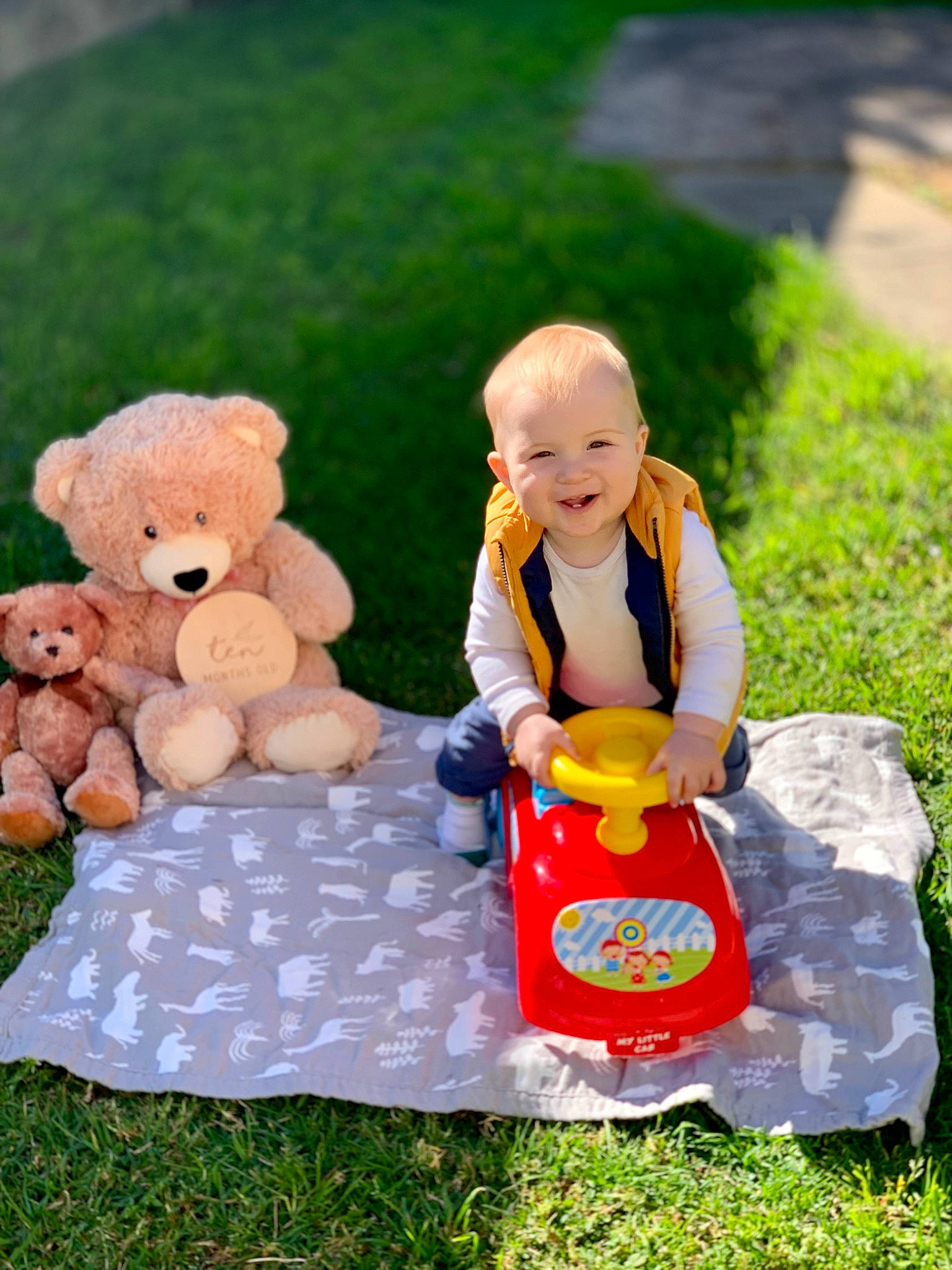 Dean joined the competition — help win amazing prizes! baby, baby_toys, child, event, fun, garden, grass, happy, joy, lawn, lawn_ornament, leisure, orange, people_in_nature, person, play, recreation, sitting, stuffed_toy, teddy_bear