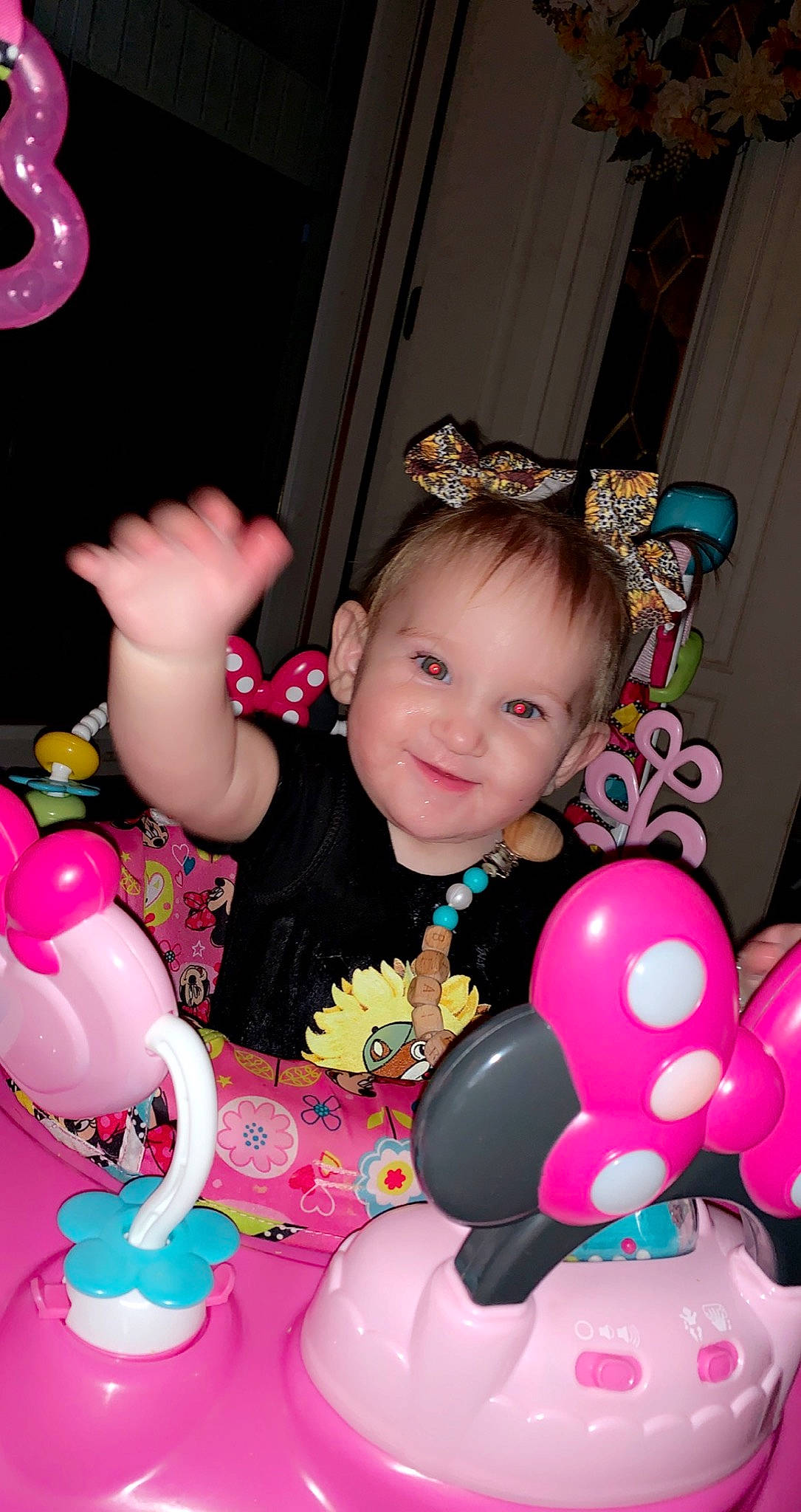 Blair is registered to the contest to win money with this photo: baby, baby_playing_with_toys, baby_products, baby_toddler_clothing, balloon, cheek, child, event, facial_expression, fun, happy, joy, magenta, party, party_supply, person, pink, sitting, skin, smile