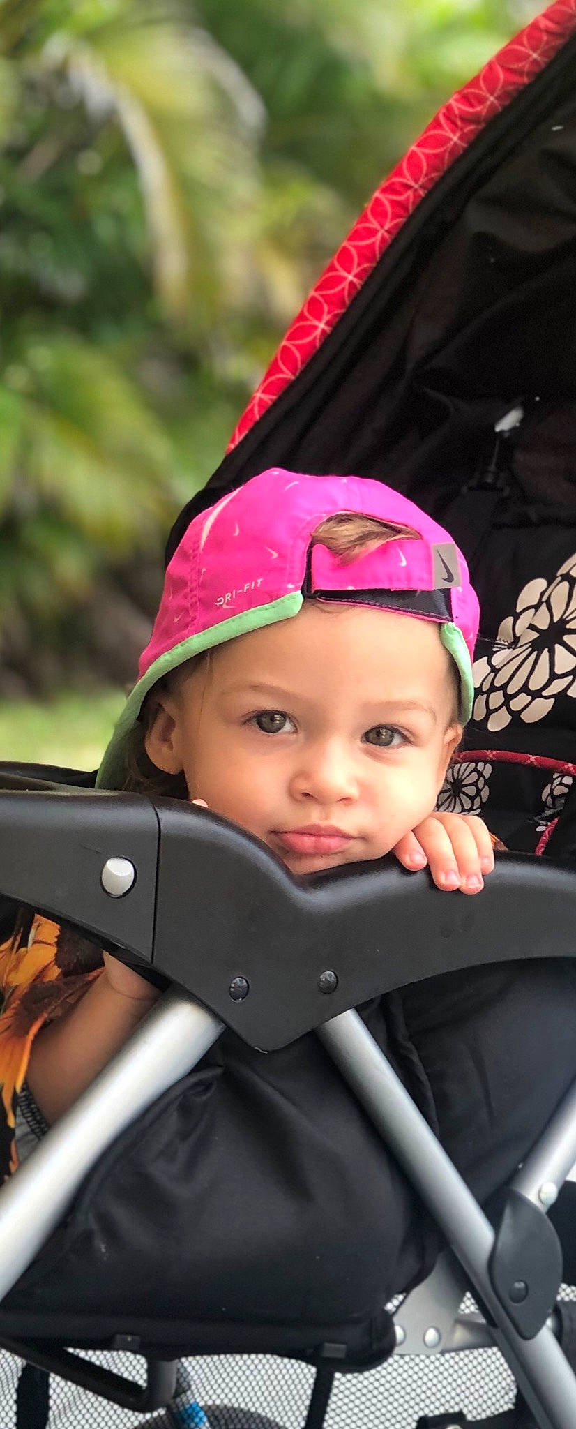 Harlee joined the competition — help win amazing prizes! baby, baby_carriage, baby_products, child, headgear, headwear, person, pink, product, toddler