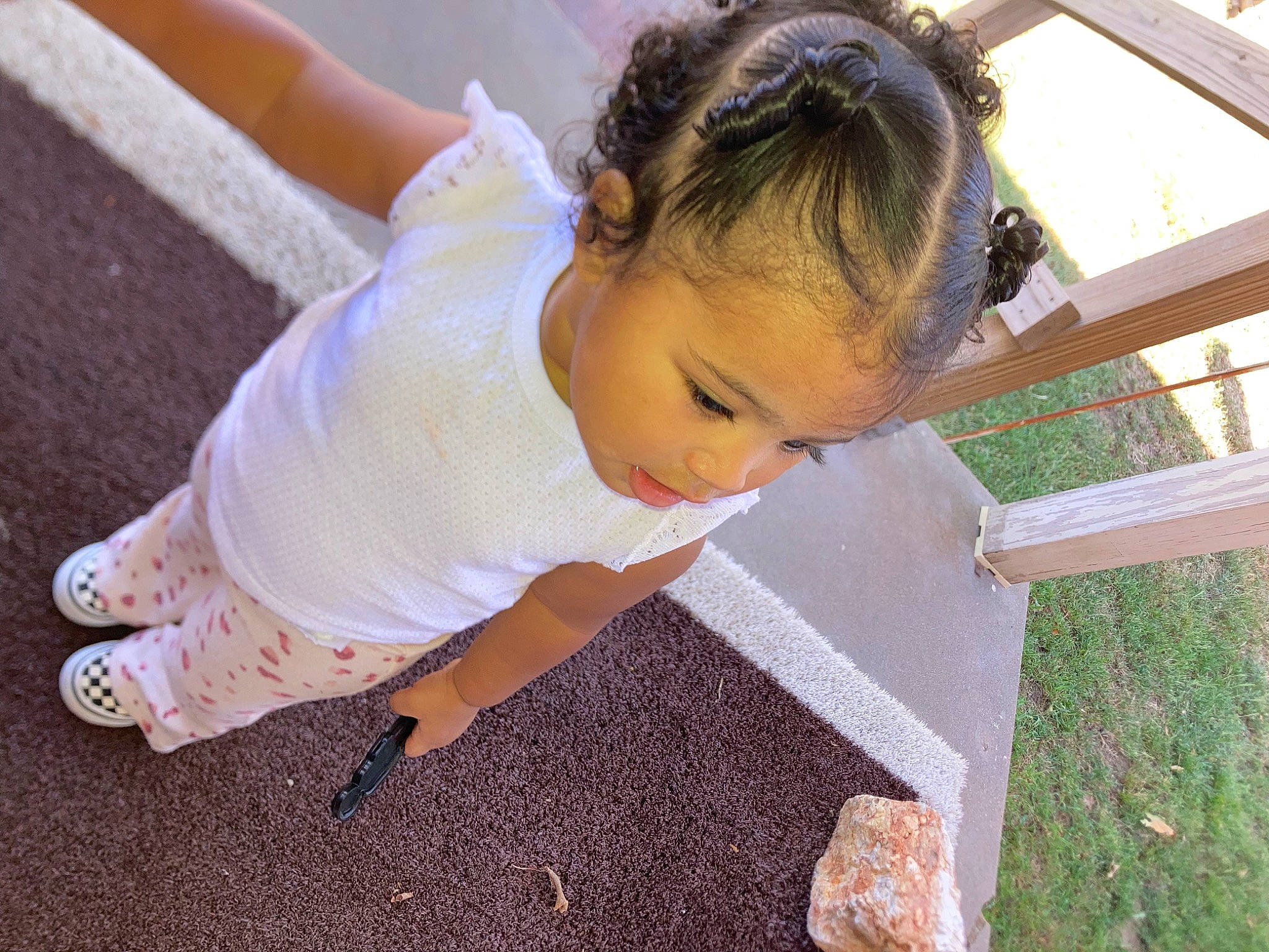 Raelynn joined the competition — help win amazing prizes! baby, baby_toddler_clothing, child, flooring, fun, grass, happy, human_leg, leisure, people_in_nature, person, plant, play, sitting, soil, toddler, vacation, wood