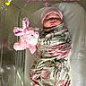 newborn, baby, swaddled, blanket, floral_pattern, pink_hat, plush_toy, pink_bunny, hospital_bassinet, sleeping, infant, soft_toy, cute, peaceful, indoor, portrait, child, brand_name_text, resting, baby_clothing