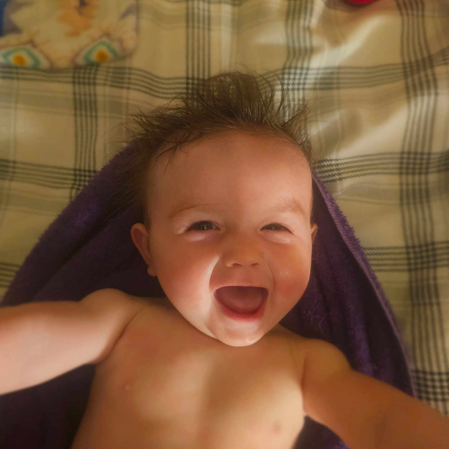 Avander joined the competition — help win amazing prizes! baby, bare_chest, cheerful, child, cute, expression, face, hair, happy, indoor, infant, joy, lying_down, person, plaid_blanket, portrait, skin, smiling, towel, young