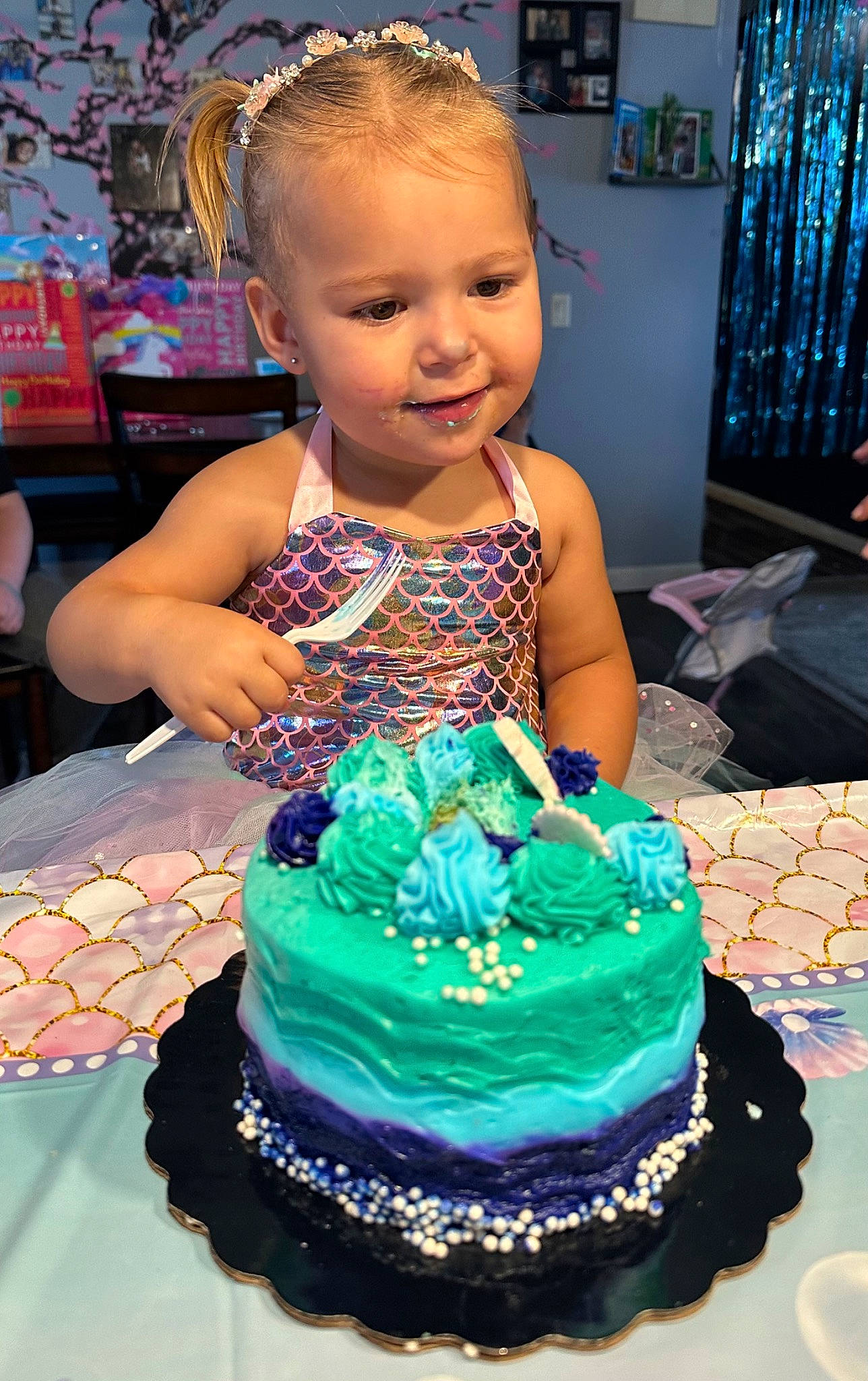 Persephone joined the competition — help win amazing prizes! birthday_cake, blue, cake, cake_decorating, cake_decorating_supply, cream, curtain, dessert, event, food, fun, lighting, person, picture_frame, purple, smile, sugar_cake, sugar_paste, table, toddler