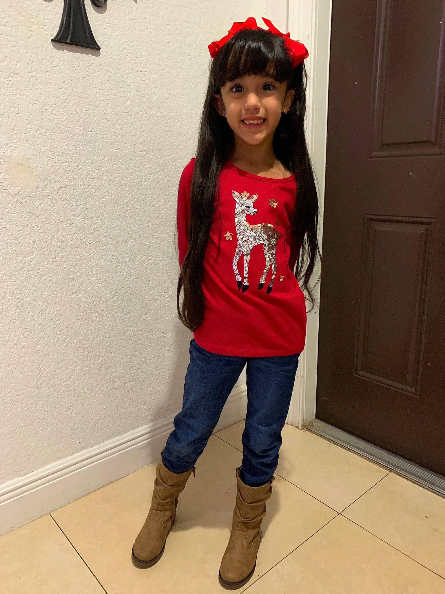 Angelina joined the competition — help win amazing prizes! child, child_model, clothing, footwear, jeans, joint, joy, knee, leg, long_hair, outerwear, person, photography, red, shoe, shoulder, sleeve, standing, t_shirt, tights