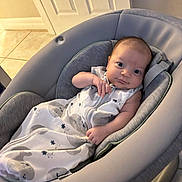 Emmanuel is registered to the contest to win money with this photo: baby, infant, baby_seat, sleep_sack, clothing, indoor, floor_tile, door, face, person, child, cute, gaze, relaxing, cozy, home, comfort, newborn, expression, soft