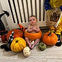 Casper joined the competition — help win amazing prizes! baby, pumpkin, halloween, holiday, decoration, gnome, witch_hat, floor, wood_floor, costume, festive, orange, yellow, white_pumpkin, green_pumpkin, cute, infant, indoor, person, celebration