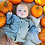 Raymond joined the competition — help win amazing prizes! baby, child, pumpkin, blanket, checkered_shirt, brown_pants, blue_eyes, fall, autumn, cute, infant, outdoor, harvest, seasonal, portrait, soft_texture, orange, casual_clothing, lying_down, curious