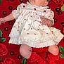 baby, child, red_background, roses, cherries, white_dress, lace, patterned_clothing, red_socks, lying_down, cute_expression, portrait, flower_arrangement, fruit, baby_clothes, infant, smiling, skin, head, hand