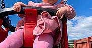 Lily joined the competition — help win amazing prizes! toddler, child, swing, playground, pink_clothing, blue_sky, outdoor, grass, fence, sunny_day, happy, play, legs, hair, hand, face, person, casual_clothing, toy, park