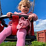 toddler, child, swing, playground, pink_clothing, blue_sky, outdoor, grass, fence, sunny_day, happy, play, legs, hair, hand, face, person, casual_clothing, toy, park