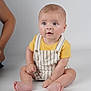 baby, child, sitting, yellow_shirt, striped_overalls, blue_eyes, curious, indoor, studio, white_background, barefoot, person, infant, cute, portrait, skin, hand, foot, head, casual_clothing