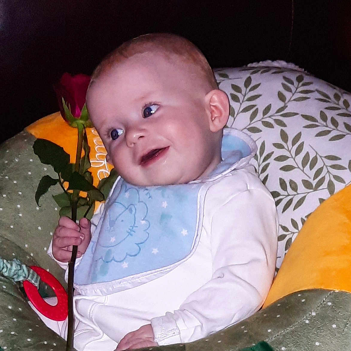 Ruairi joined the competition — help win amazing prizes! baby, bib, child, cushion, cute, face, flower, green_cushion, hand, happy, indoor, portrait, red_rose, rose, sitting, smile, soft_toys, white_clothing, yellow_cushion, young_child