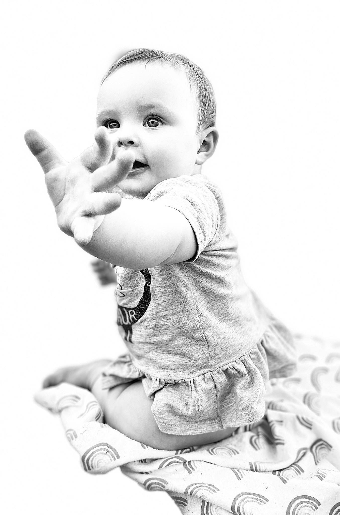 Alissa joined the competition — help win amazing prizes! arm, baby, baby_toddler_clothing, black_and_white, cheek, child, eye, finger, flash_photography, gesture, hand, happy, monochrome, monochrome_photography, nail, person, sleeve, style, thumb, toddler