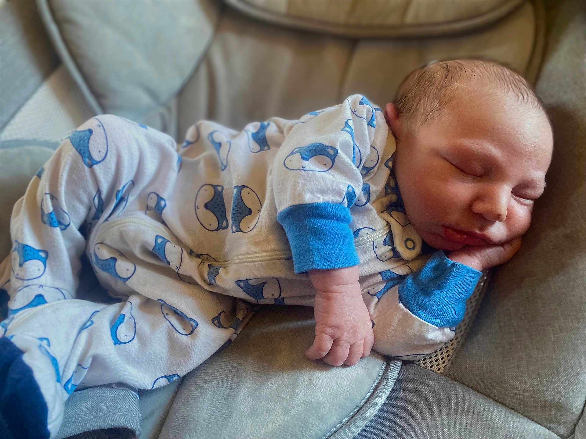 Alden joined the competition — help win amazing prizes! baby, newborn, sleeping, infant, onesie, blue, hand, face, cheek, head, pillow, blanket, bouncer, cushion, soft_texture, skin, closeup, portrait, indoors, cozy