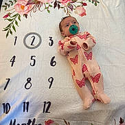 Raelynn is registered to the contest to win money with this photo: baby, infant, pacifier, blanket, milestone_blanket, numbers, flowers, onesie, butterfly_pattern, pink_clothing, lying_down, young_child, cute, soft_texture, home, months, circled_number, sleepwear, child, portrait