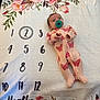 baby, infant, pacifier, blanket, milestone_blanket, numbers, flowers, onesie, butterfly_pattern, pink_clothing, lying_down, young_child, cute, soft_texture, home, months, circled_number, sleepwear, child, portrait