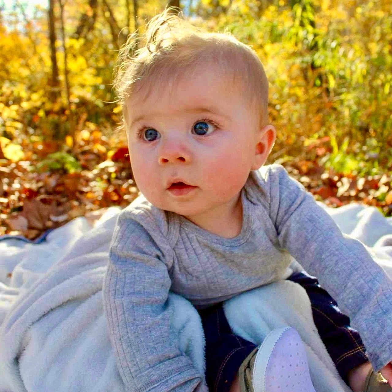 Carmine is registered to the contest to win money with this photo: baby, blanket, blonde, clothing, face, grass, head, land, nature, outdoors, pants, person, photography, plant, portrait, quilt, sitting, tree, vegetation, woodland