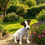 Becky a rejoint le concours — aidez-le/la à gagner de superbes lots ! animal, black_and_white, cute, dog, floppy_ears, flowers, garden, greenery, jack_russell, lawn, nature, outdoor, path, pet, plants, portrait, puppy, sitting, stone, sunlight