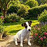 animal, black_and_white, cute, dog, floppy_ears, flowers, garden, greenery, jack_russell, lawn, nature, outdoor, path, pet, plants, portrait, puppy, sitting, stone, sunlight