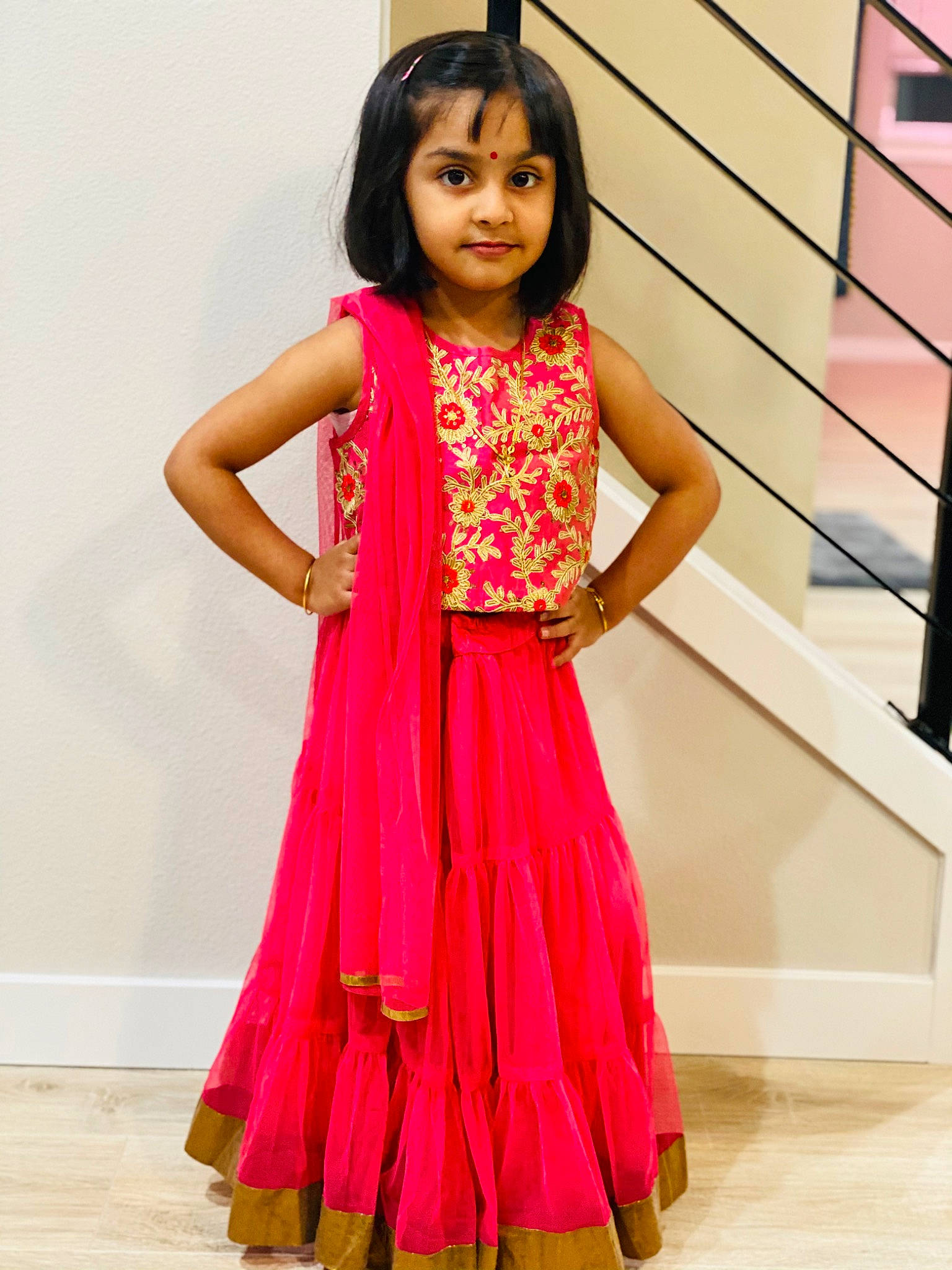 Kiana is registered to the contest to win money with this photo: beauty, day_dress, event, fashion_design, formal_wear, happy, joint, long_hair, magenta, neck, one_piece_garment, pattern, person, pink, shoulder, sleeve, street_fashion, thigh, toddler, trunk