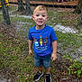 blue_tshirt, boy, casual_clothing, child, daylight, expression, fence, front_view, grass, greenery, outdoor, person, playground, preschool, shorts, smile, sneakers, summer, trees, young_child