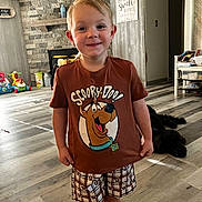 Ryder is registered to the contest to win money with this photo: boy, casual_clothing, child, cute, dog, fireplace, floor, happy, home_decor, indoors, living_room, person, portrait, shorts, smiling, standing, stone_wall, toys, tshirt, wooden_floor