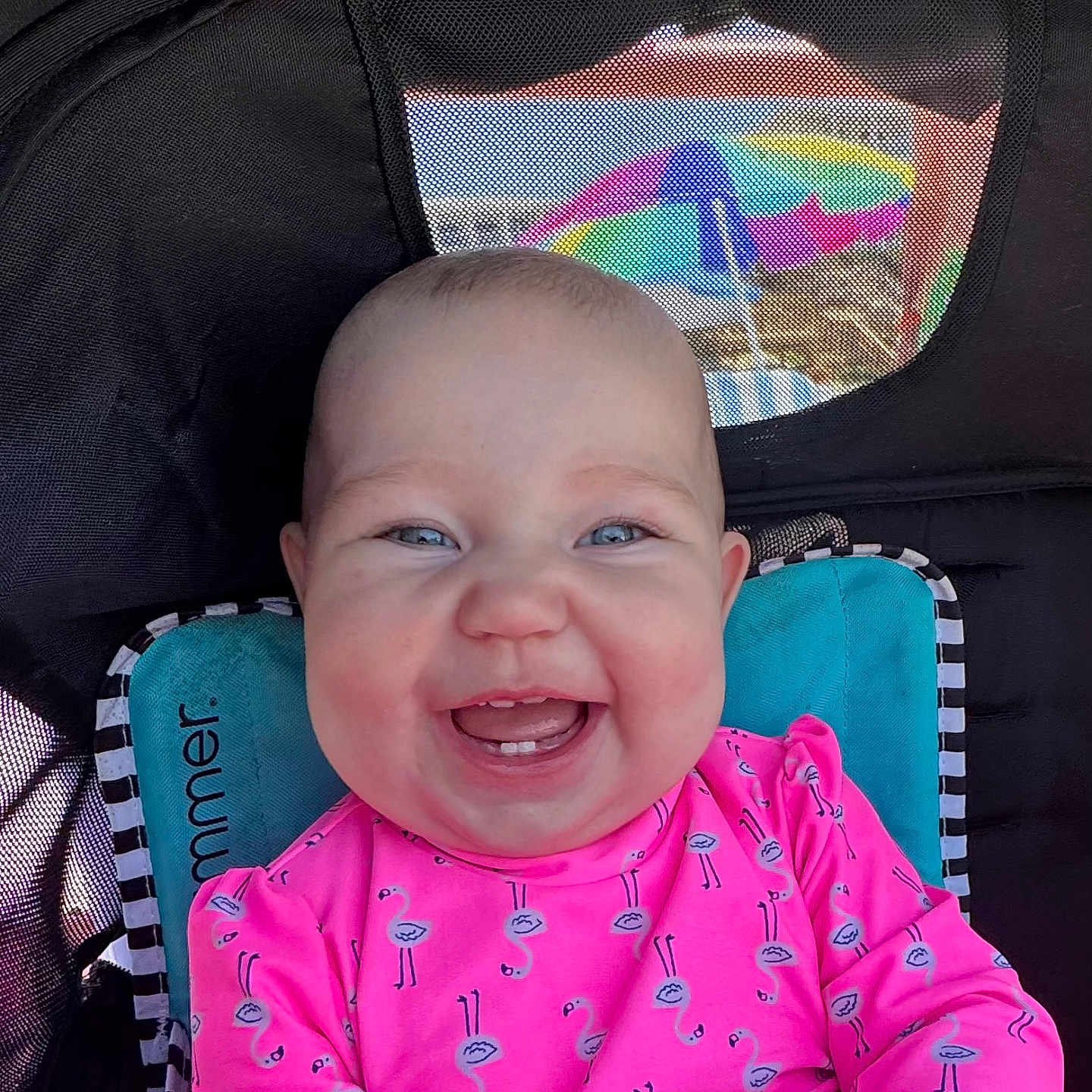Brianna joined the competition — help win amazing prizes! baby, smiling, child, stroller, pink_clothing, flamingo_pattern, blue_eyes, tooth, mesh_window, beach_umbrella, outdoor, happy, infant, seat, sunlight, portrait, cute, person, baby_clothes, colorful