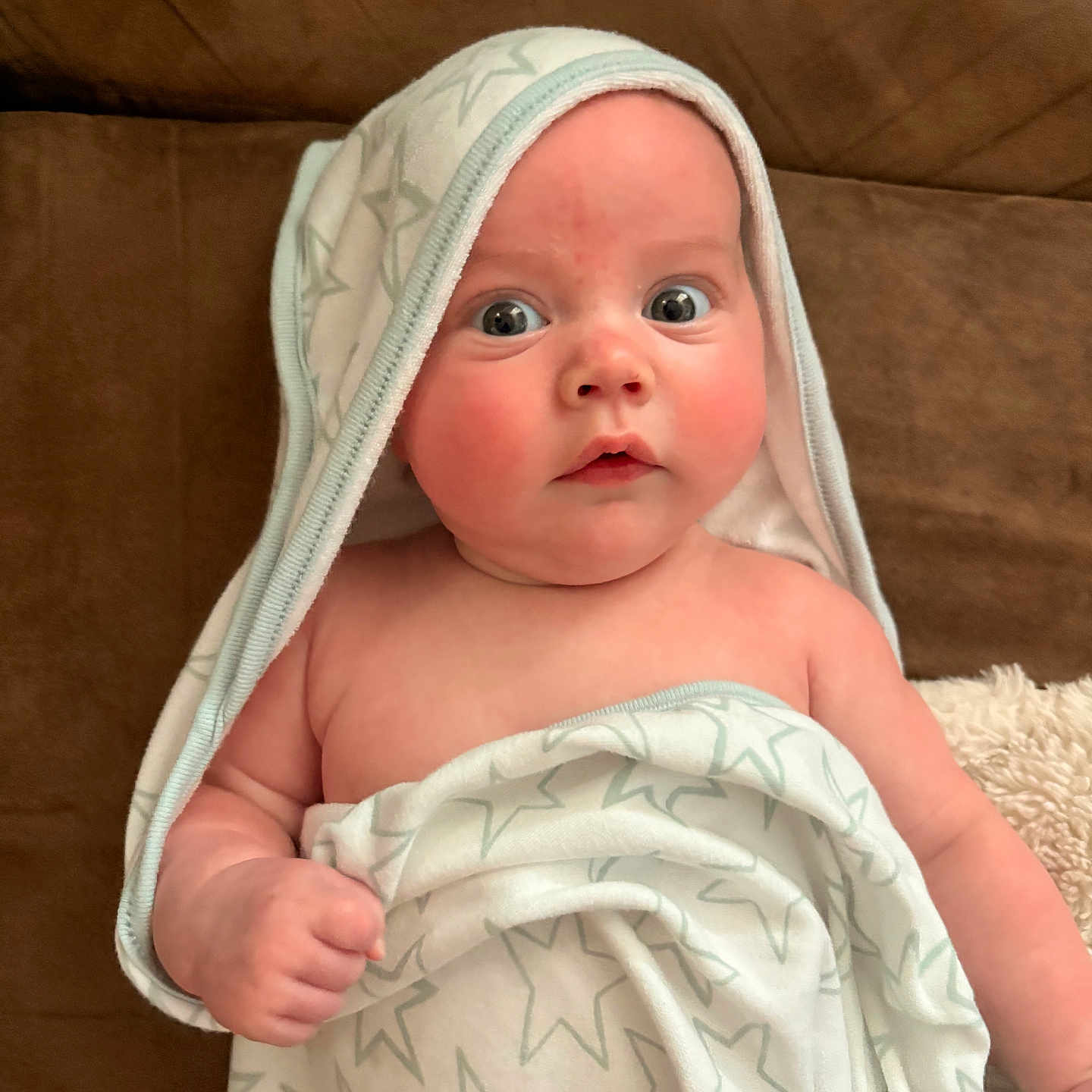 Sonny is registered to the contest to win money with this photo: baby, child, towel, blanket, face, expression, indoor, couch, wrapped, skin, cute, wide_eyes, newborn, infant, soft, comfort, hooded_towel, person, portrait, sitting