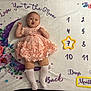 baby, infant, dress, socks, blanket, milestone, flower, crescent_moon, star, pouting, cute, milestone_blanket, numbers, months, lying_down, child, pink, purple, decorative, celebration