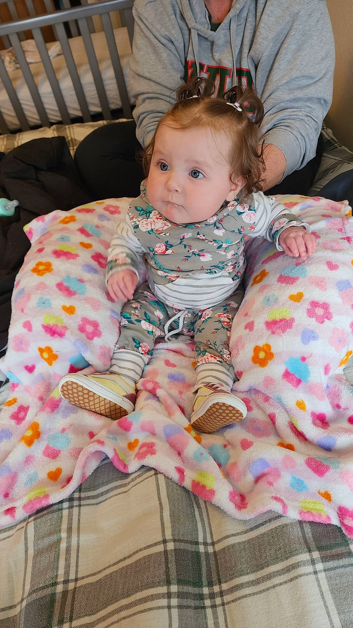 Bailey joined the competition — help win amazing prizes! baby, baby_toddler_clothing, child, comfort, couch, eye, face, happy, head, iris, linens, magenta, pattern, person, pink, room, sitting, skin, sleeve, textile