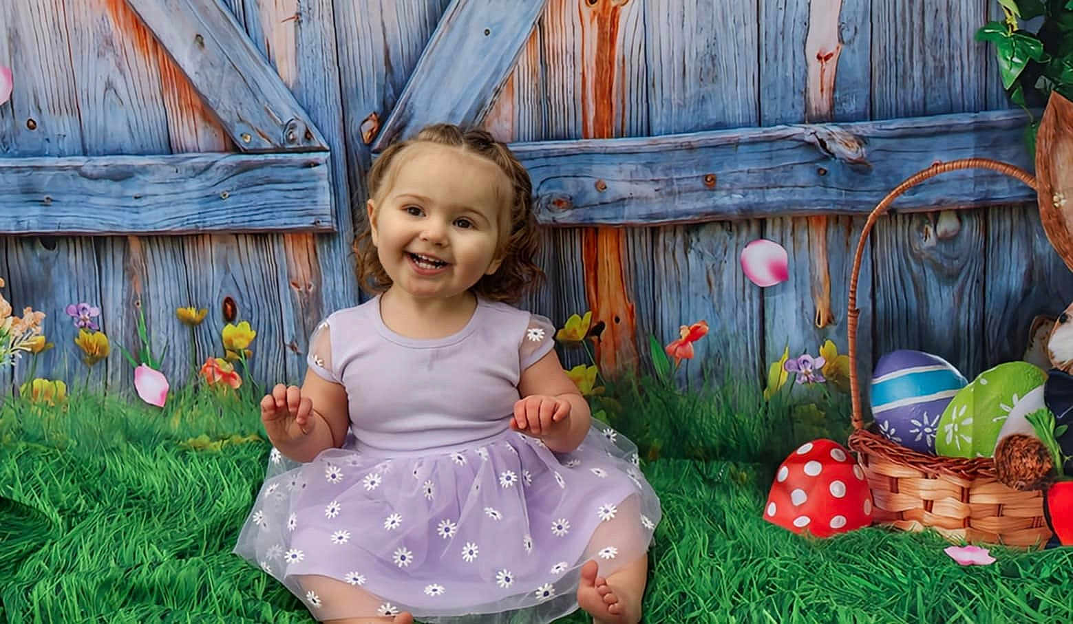 Artemis joined the competition — help win amazing prizes! toddler, child, smiling, purple_dress, grass, flowers, wooden_fence, basket, easter_eggs, mushroom, greenery, outdoor, cute, happy, sitting, portrait, nature, playful, spring, colorful