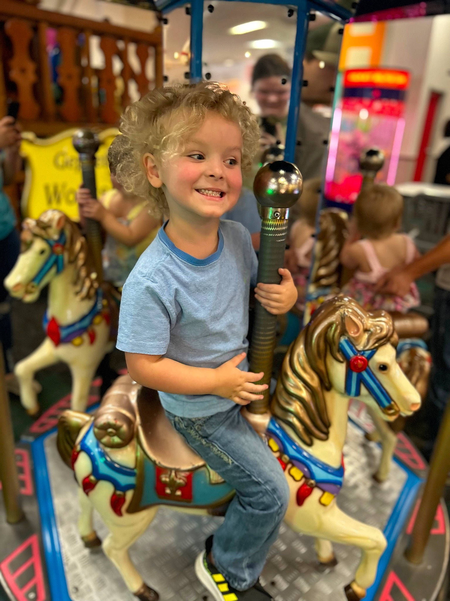 Blake joined the competition — help win amazing prizes! amusement_ride, bridle, carousel, event, facial_expression, fun, happy, head, horse, horse_supplies, horse_tack, joy, leisure, mammal, outdoor_recreation, person, recreation, riding_toy, smile, standing