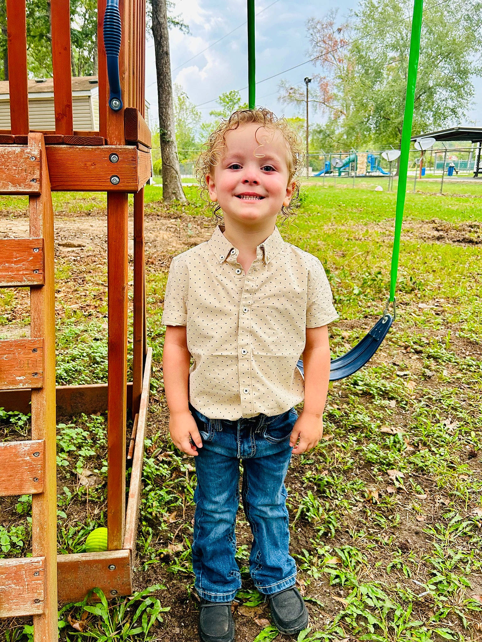 Blake is registered to the contest to win money with this photo: child, city, denim, fun, garden, grass, happy, jeans, joy, leisure, people_in_nature, person, plant, playground, recreation, sky, smile, spring, t_shirt, toddler