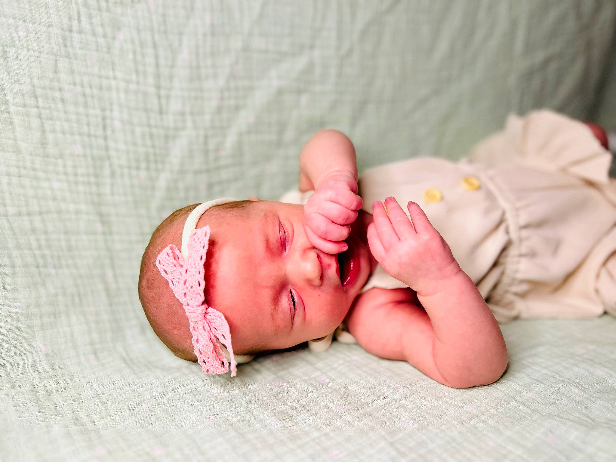 Kinsley joined the competition — help win amazing prizes! baby, baby_products, baby_sleeping, baby_toddler_clothing, bedtime, child, comfort, eyelash, fashion_accessory, finger, flesh, glasses, hair_accessory, headwear, human_body, linens, nail, peach, person, portrait_photography