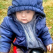 Miles is registered to the contest to win money with this photo: baby, child, hoodie, jacket, outdoor, grass, cold_weather, sitting, curious, young_child, winter_clothing, face, person, nature, playful, puffer_jacket, casual, seasonal, cute, exploration