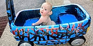 Miles joined the competition — help win amazing prizes! baby, child, toy_car, graffiti, sidewalk, outdoor, wheels, curious, naked, small, blue, play, street, urban, concrete, person, vehicle, colorful, summer, cute