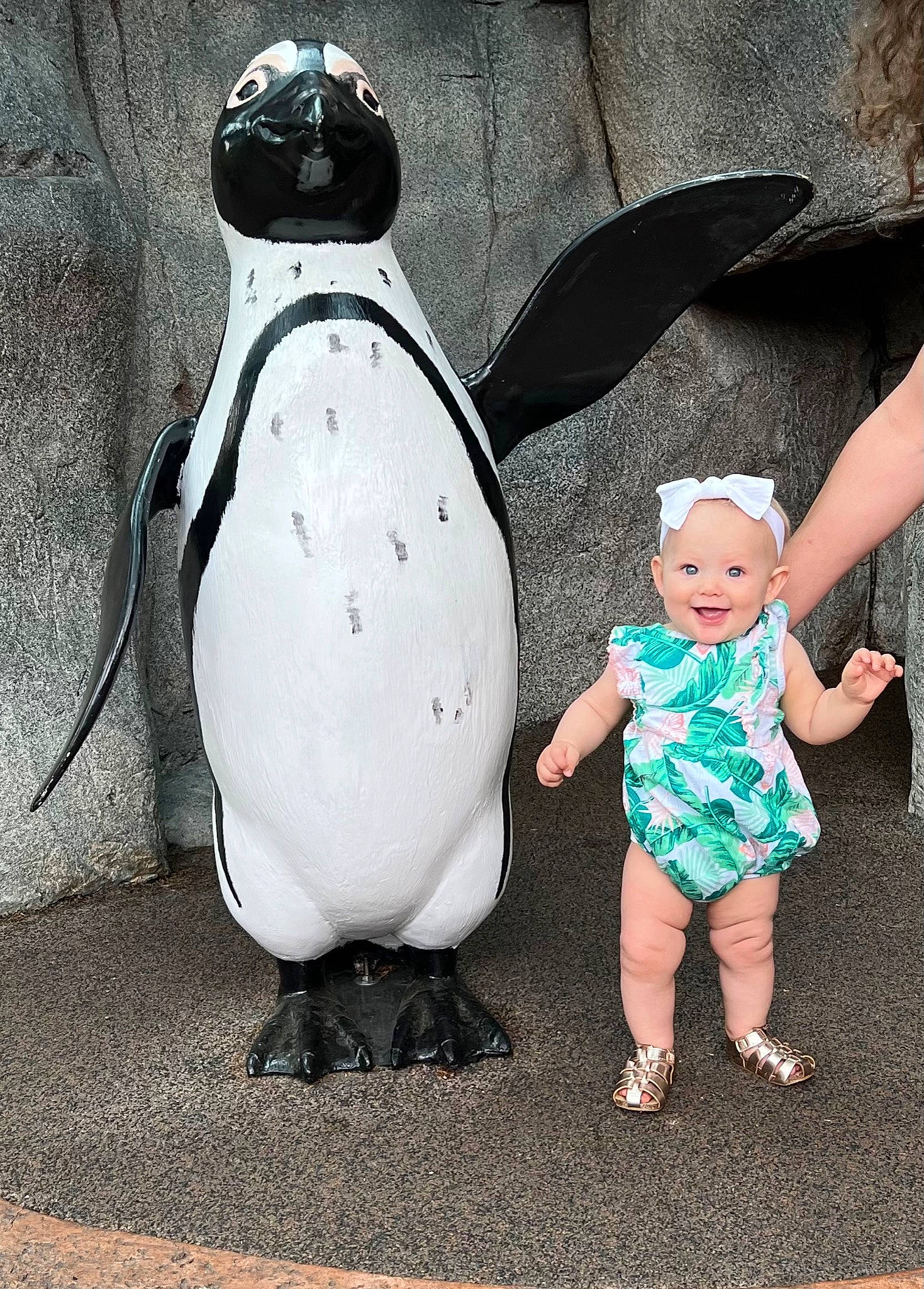 Rosalie joined the competition — help win amazing prizes! art, baby, baby_toddler_clothing, beak, child, facial_expression, flightless_bird, fun, grass, happy, joy, leg, pattern, penguin, person, sitting, standing, stuffed_toy, style, terrestrial_animal