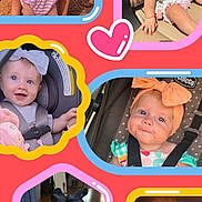 Blakely is registered to the contest to win money with this photo: baby, infant, child, collage, portrait, smiling, happy, face, eyes, bow, headband, dress, clothing, car_seat, sitting, indoor, outdoor, colorful, family, photography