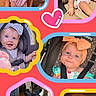 baby, infant, child, collage, portrait, smiling, happy, face, eyes, bow, headband, dress, clothing, car_seat, sitting, indoor, outdoor, colorful, family, photography