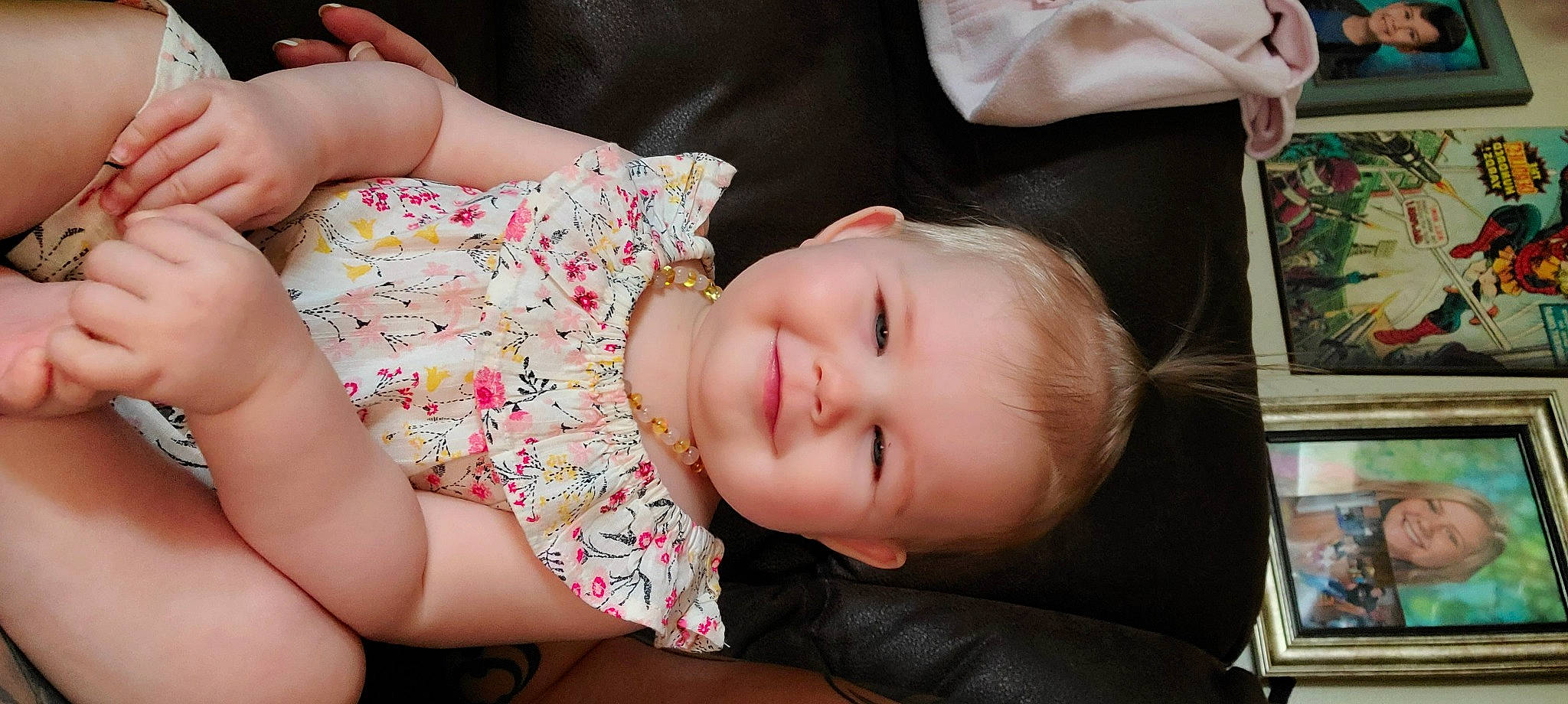 Sophia is registered to the contest to win money with this photo: baby_toddler_clothing, cheek, comfort, eye, facial_expression, finger, hand, happy, head, human, joy, lip, mouth, neck, nose, organ, person, pink, skin, smile