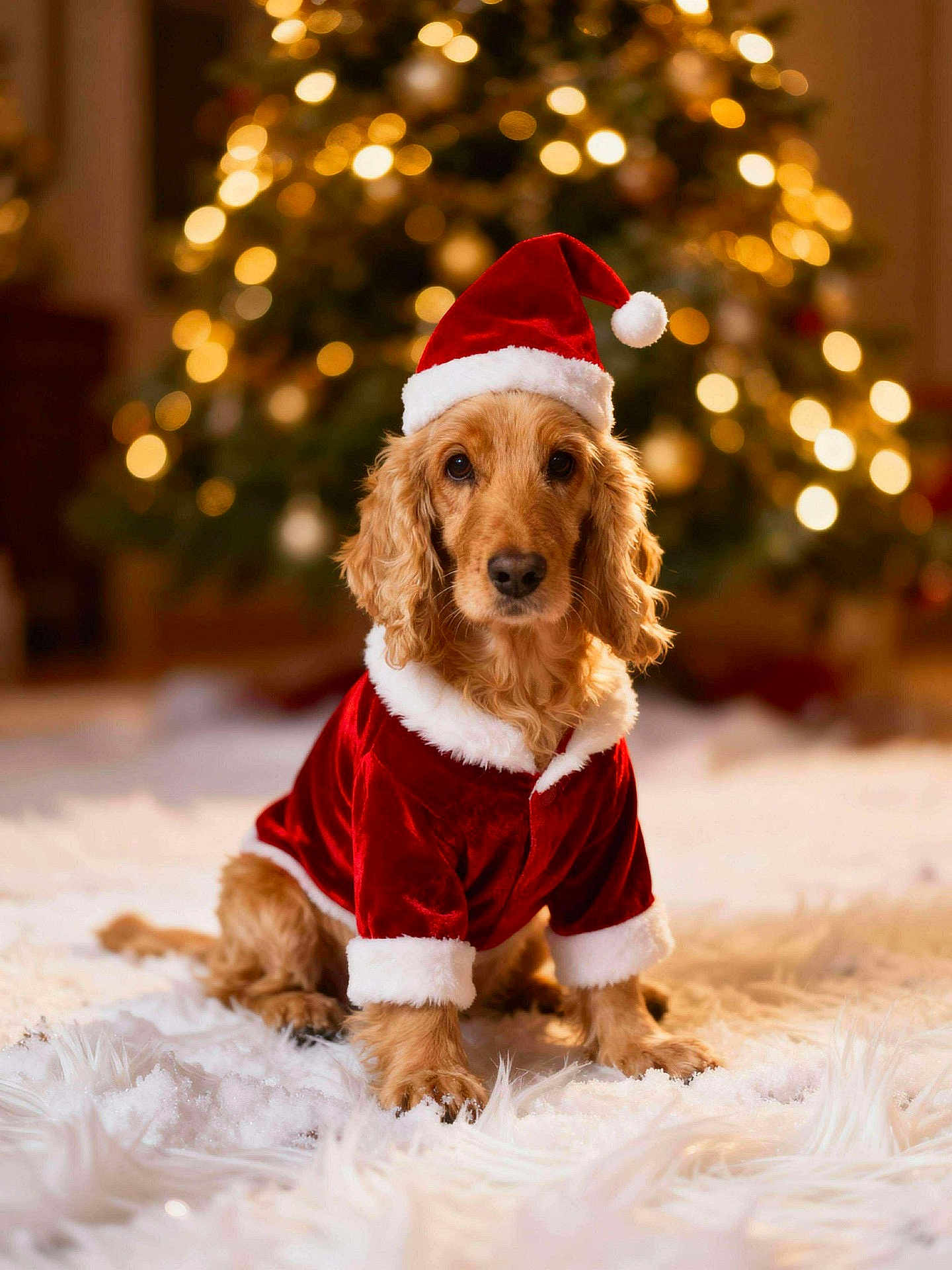 Izia participe au concours pour gagner de l'argent avec cette photo : dog, christmas_hat, christmas_tree, holiday, festive, red_clothing, fur, pet, cute, indoors, carpet, decorations, celebration, seasonal, warm_lighting, portrait, animal, costume, sitting, fluffy