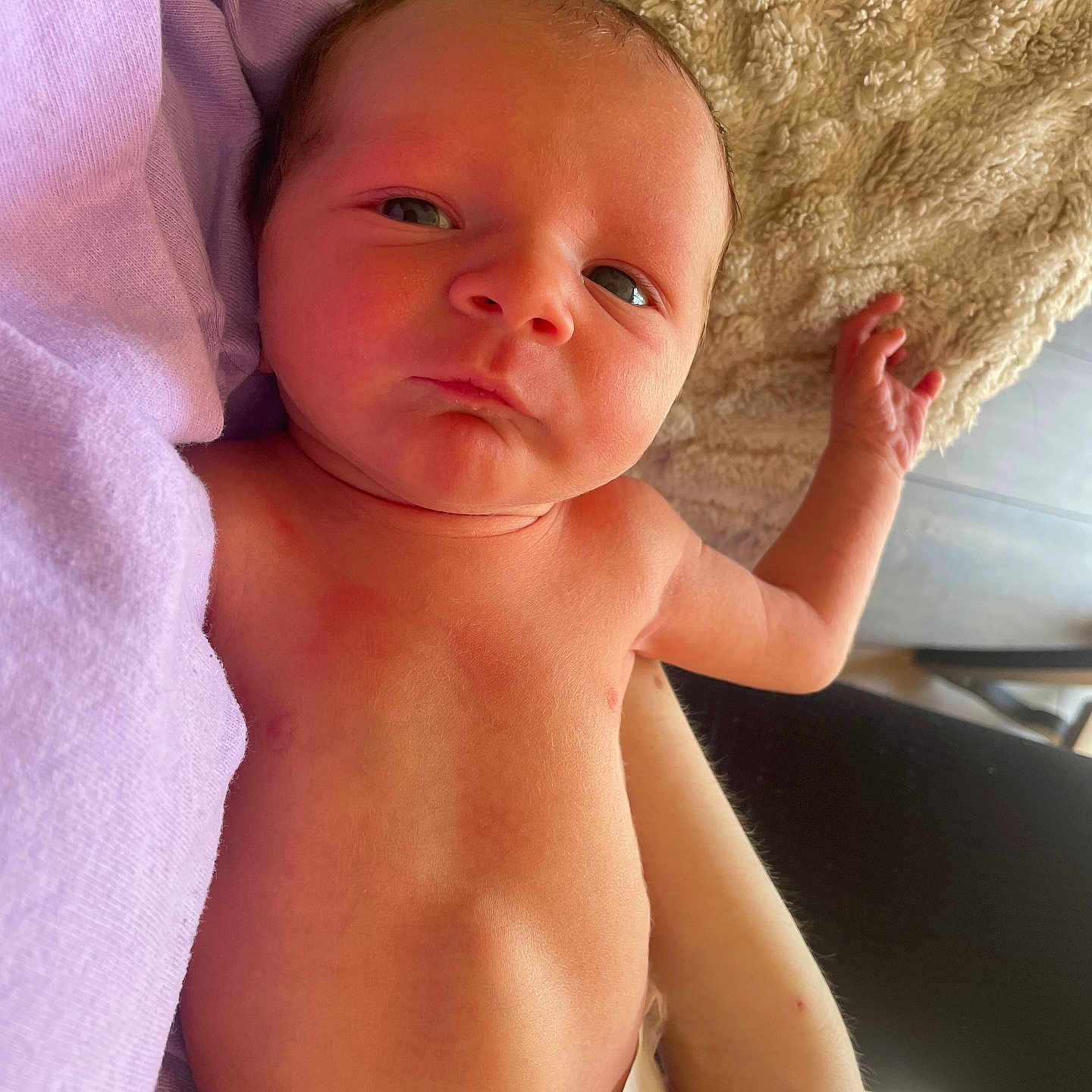 Noah is registered to the contest to win money with this photo: arm, baby, blanket, close_up, clothing, curious_expression, cute, diaper, hand, human, indoors, infant, light, nap, newborn, person, purple_cloth, resting, skin, soft_texture