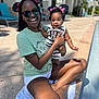 Elizah is registered to the contest to win money with this photo: woman, baby, mickey_mouse_ears, minnie_mouse_outfit, sunglasses, smile, outdoor, poolside, sunny_day, towel, shorts, tshirt, tattoo, person, child, cute, happy, vacation, family, fun
