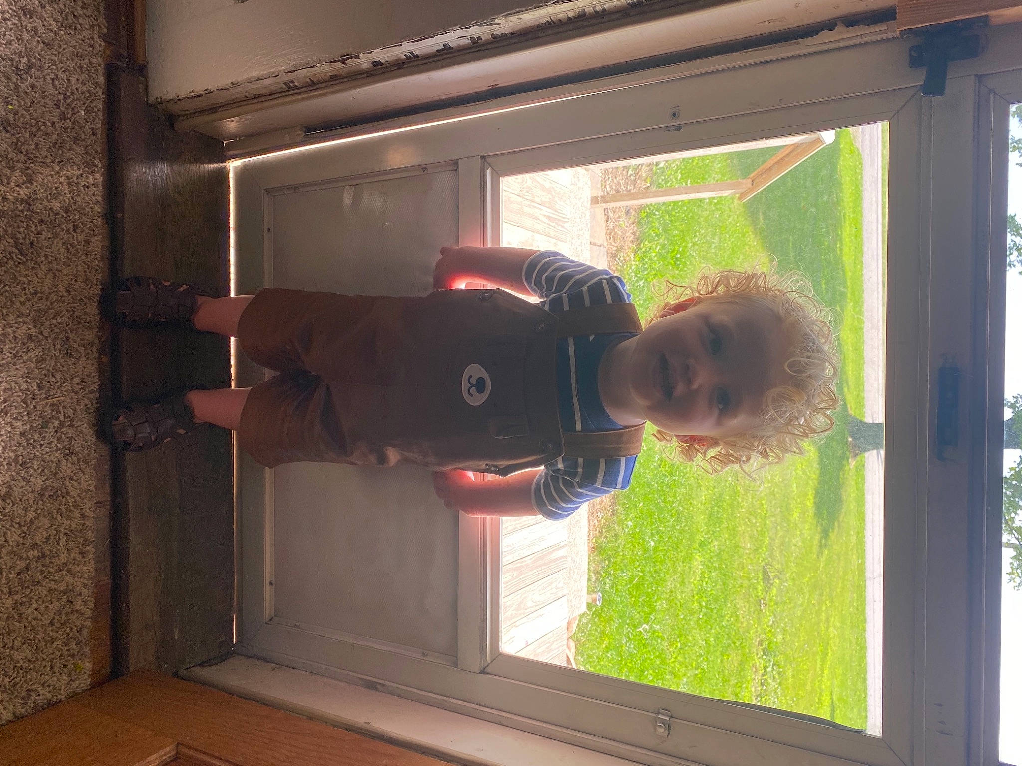 Karson is registered to the contest to win money with this photo: display_device, flooring, fun, glass, grass, hardwood, home_door, house, interior_design, person, plant, rectangle, room, shade, standing, tints_and_shades, toddler, tree, window, window_treatment