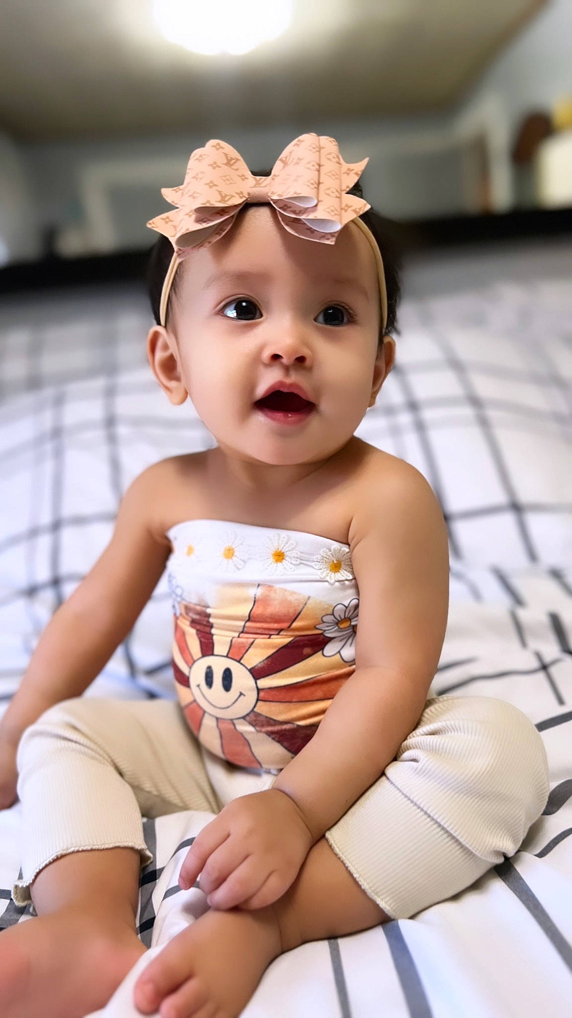 Delilah Rose joined the competition — help win amazing prizes! baby, baby_toddler_clothing, child, computer_keyboard, facial_expression, fashion_accessory, flash_photography, fun, happy, headwear, human_leg, knee, pattern, person, photograph, sitting, skin, sleeve, thigh, toddler